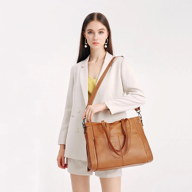 2022 Autumn And Winter First Layer Cowhide Bag Women's All-match Genuine Leather Tote Bag Lychee Pattern Messenger Bag Large