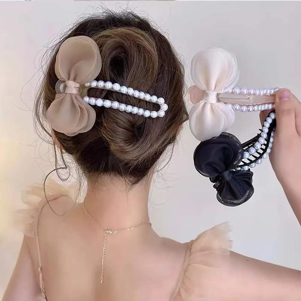 

Beauty Tool Women Gift Headdress Styling Tools Bow-knot Clip Shark Clip Mesh Pearl Hairpin Hair Duckbill