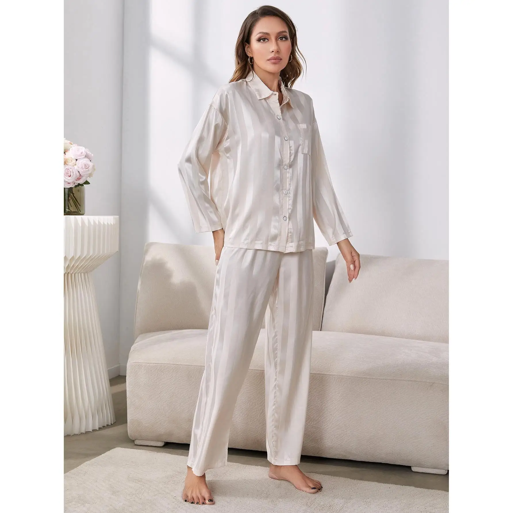 

2pcs Stain Pajamas for Women Sleepwear Long Sleeve Single-breasted Lapels Cardigan Trousers Loungewear Woman Pijama Sexy Mujer