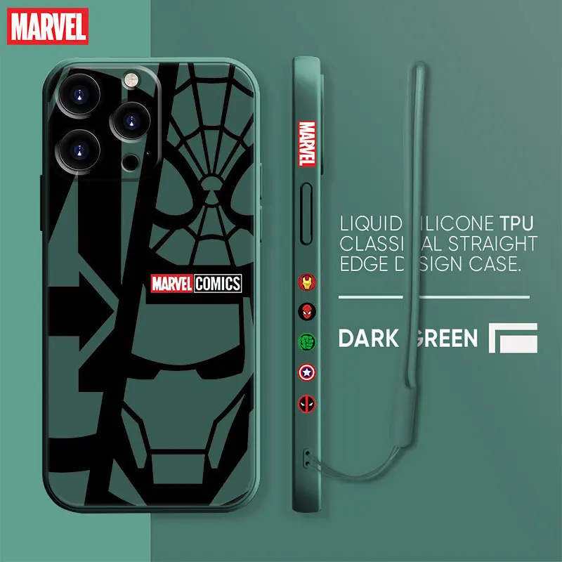 Luxury Square Liquid Case For iPhone 14 13 12 11 Pro Max Mini X XR XS Max 7 8 6s Plus Candy Color Marvel SpiderMan Iron Man Logo