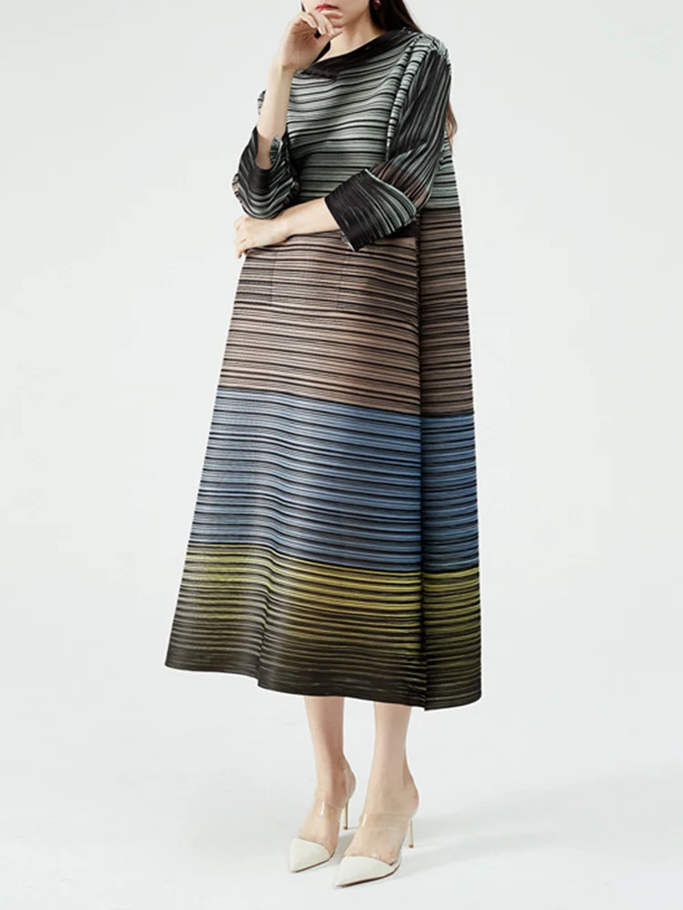 

Женское плиссированное платье в полоску, свободные платья средней длины с цветными блоками, элегантная праздничная одежда, B165, весна-лето ...