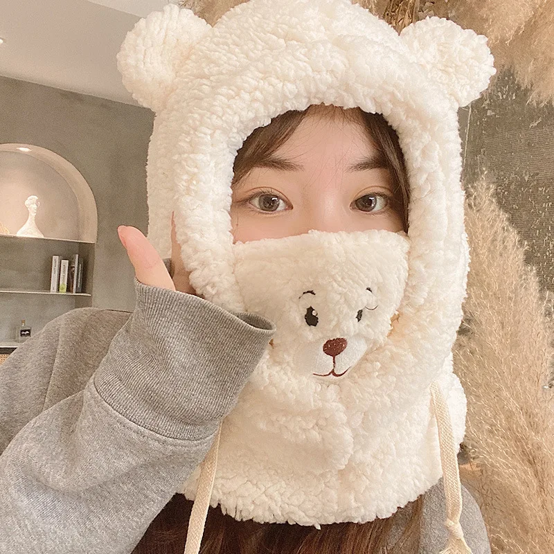 

New Plush Scarf Collar Fashion Cap Bear Design Drawstring Hood Cute Winter Hat Full Cover Windproof Face Cover for Cycling Ski