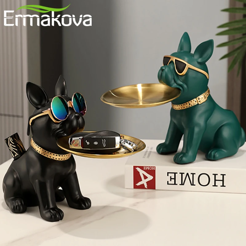 

ERMAKOVA Home Decor Dog Statue Butler with Tray Live Room French Bulldog Figurines Table Ornaments Decorative Dog Sculpture Gift