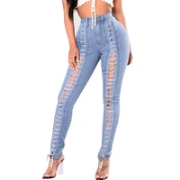 womens hollow out fashion solid sexy casual pencil skinny jeans 2021 female high waist stretchy jeans lace up slim denim pants