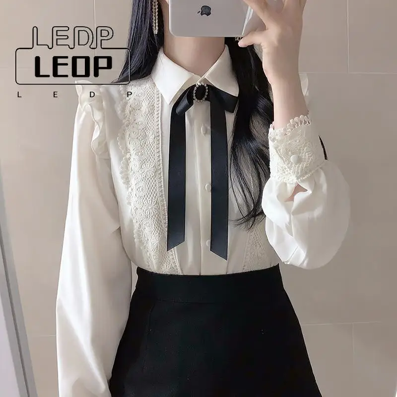 

LEDP Blouse Ruffle Autumn Spring Basic Office Ladies Top Single Breasted Button Solid Color Peter Pan Collar Top White Shirt