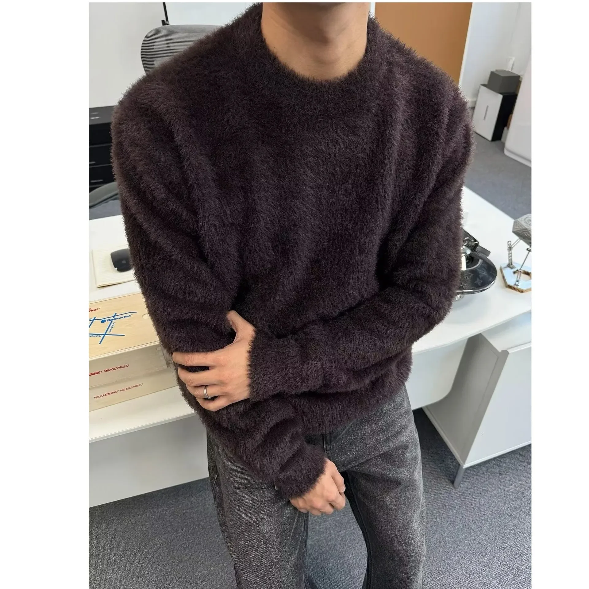 Осень/зима мужской новый стильный вязаный свитер с круглым вырезом