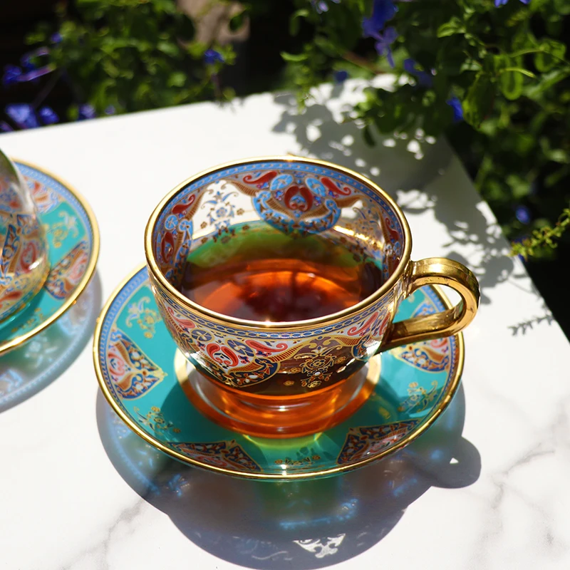 

Turkish Glass Coffee Cup Saucer Set European Glass Water Milk Beverage Tea Cup Espresso Cup With Gift Box