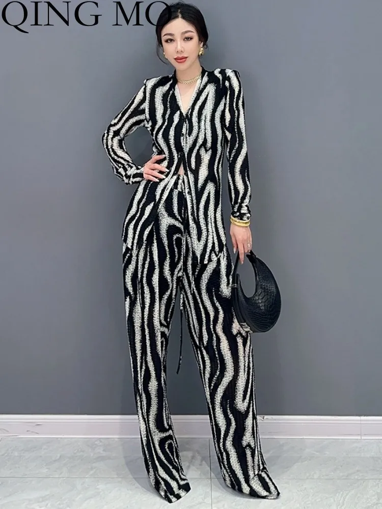 

QING MO 2023 Summer New Korean Fashion Style Slim Fit Top + Wide Leg Pants Two Piece Set Women Zebra Stripe Matching Set ZXF3091