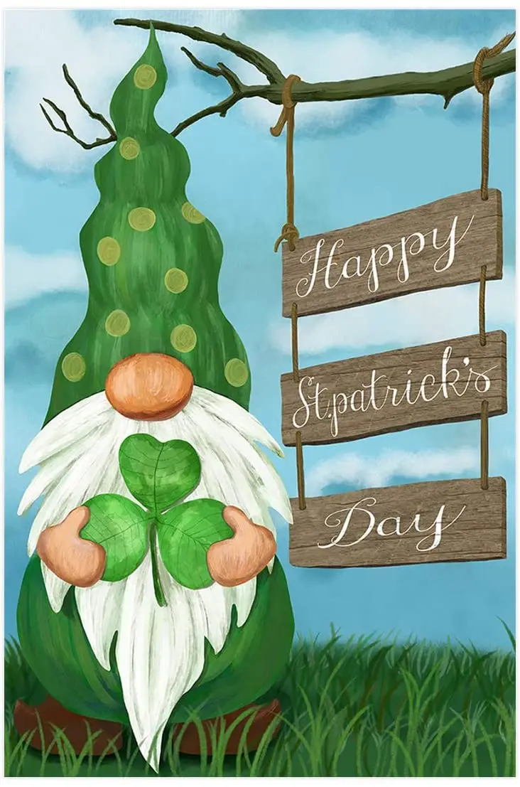 

Happy St Patrick's Day Leprechaun Clover Double Sided Spring Garden Flag Banner for Outside House Yard Home Decorative