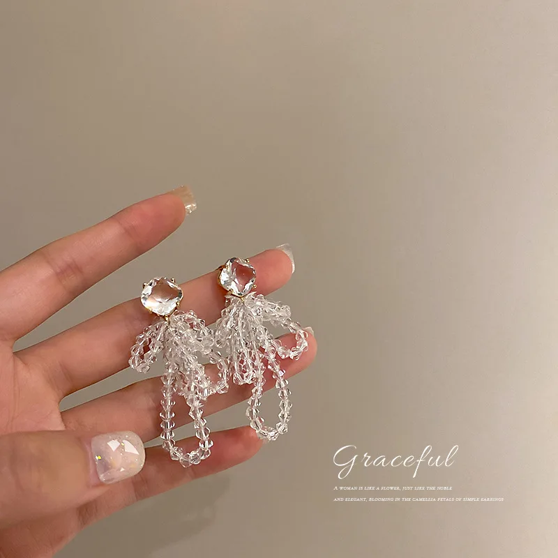 

925 Silver Needle Japanese And Korean Super Immortal Simple Zircon Crystal Beaded Earrings Bowknot Exaggerated Fashion