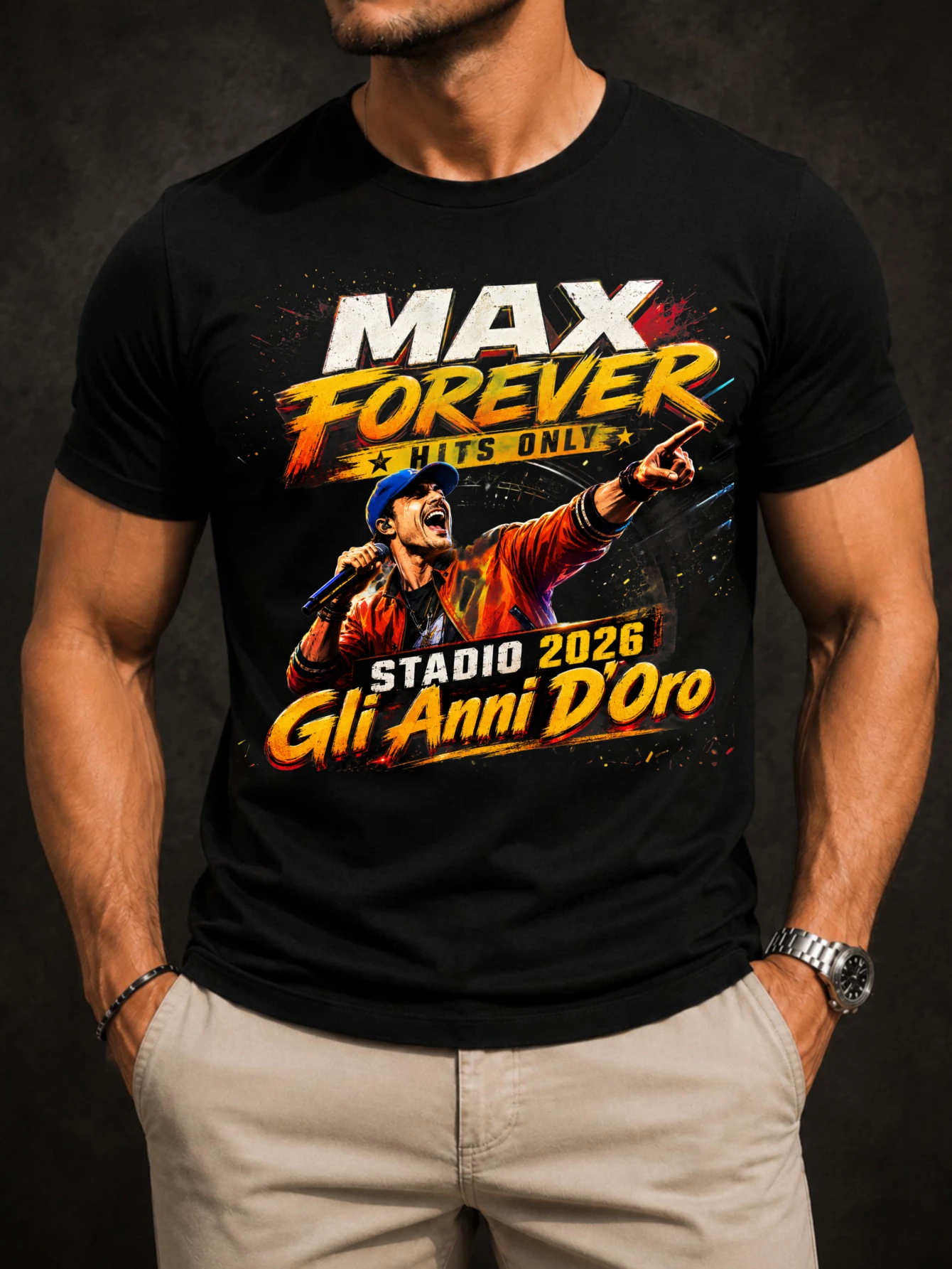 Фото Футболка унисекс Max Forever с принтом Singer Holding Microphone Orange Brush Effects Stadio 2026 And Gli Anni D Oro Text №1