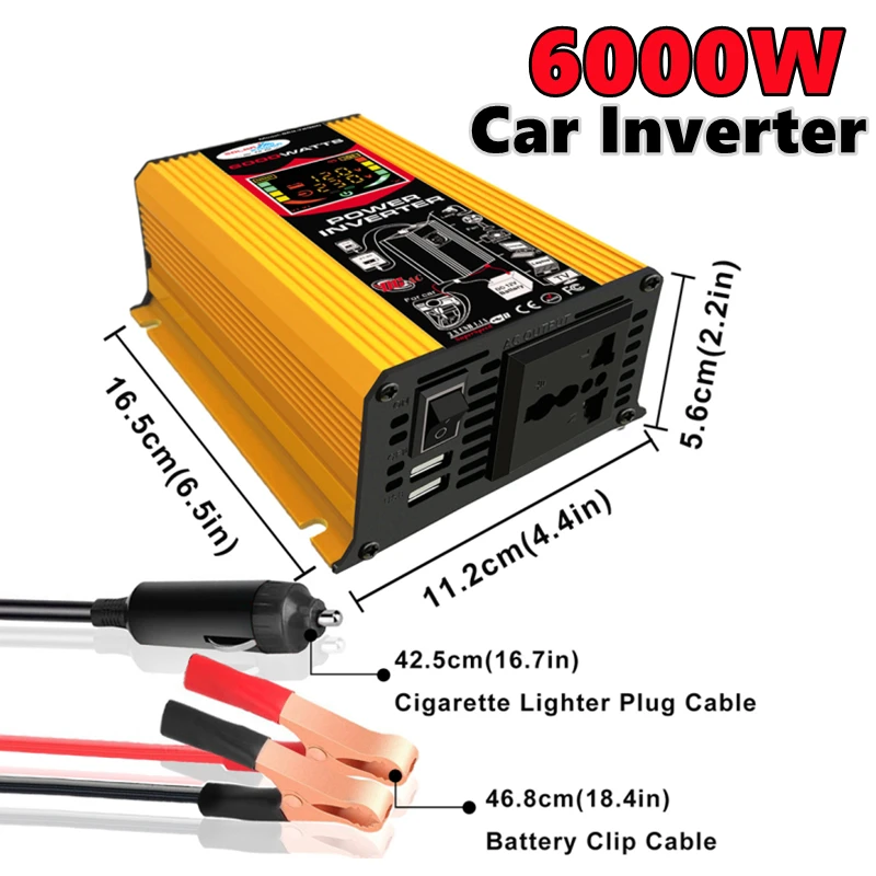 

Автомобильный преобразователь солнечной энергии, 6000 Вт, 4000 Вт, 12 В постоянного тока в 220 В/110 В переменного тока, автомобильный преобразователь с двумя USB-портами А и интеллектуальным ЖК-дисплеем