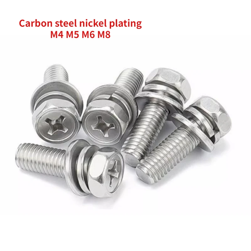 

Carbon Steel Nickel Plating Cross Recessed Outer Hexagonal Triple Combination Screw with Flat Washer Spring Washer M4 M5 M6 M8