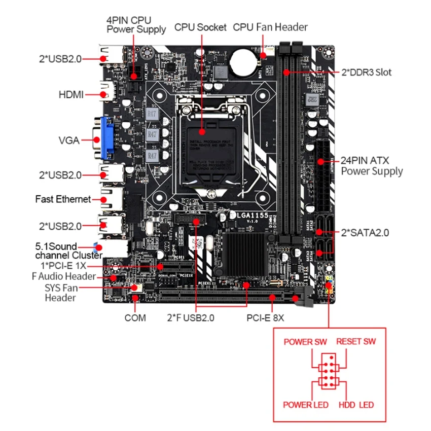 Материнская плата LGA 1155 для Intel Core I7 / I5 I3 Pentium Celeron LGA1155 DDR3 M-ATX Материнские платы H61 |