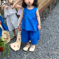 criscky summer thin girls cotton suit 2 piece set children sleeveless clothes baby girls shirts seventh trousers casual outfits