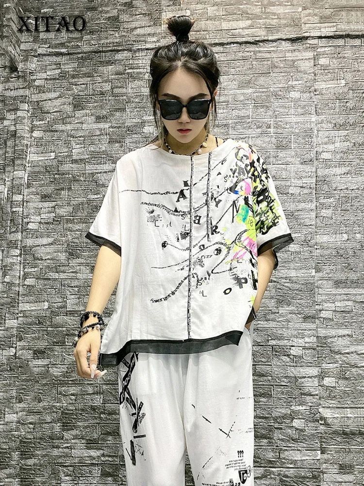 

XITAO Fashion Print T-shirt Contrast Color Letter Print Women Top 2022 Summer New Street Trendy All-match S-shirt WMD6536