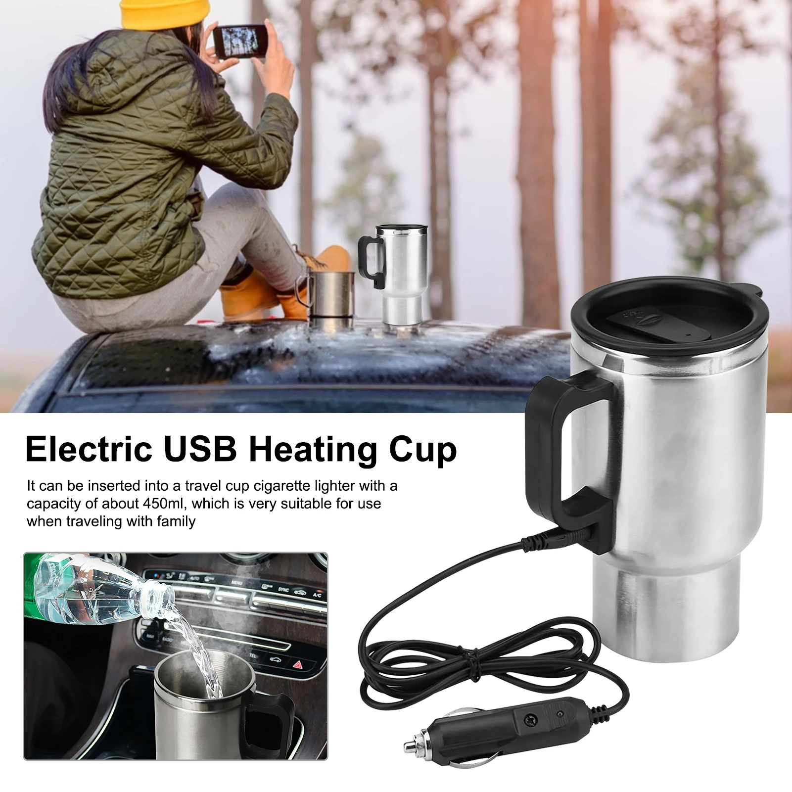 

12V 500ml Universal Car Heating Cup Electric in-car Stainless Steel Travel Heating Cup Coffee Tea Car Cup Mug Thermal Mug