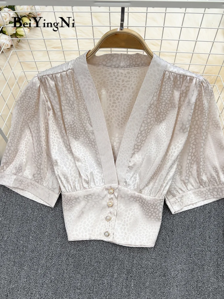 

Fashion Women Blouses 2023 Elegant Summer Satin Office Lady Single-breasted Short Sleeve Blusas Crop Tops Deep V-neck