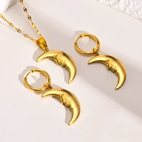 2022 new trendy moon face necklaces earrings set for women gold color stainless steel girls femme party jewelry