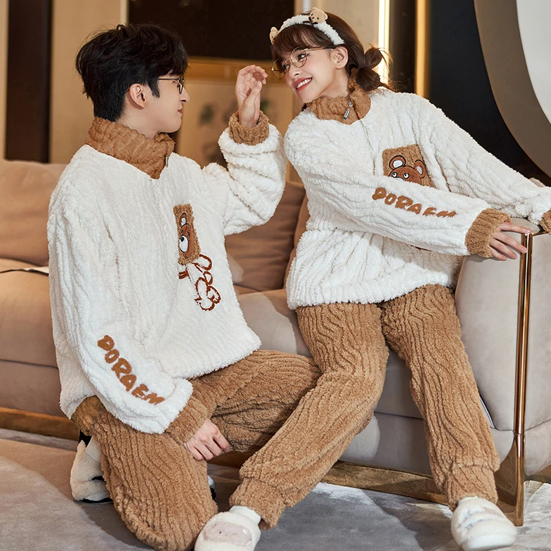 Winter Thicken Couple Pajamas Sets Women Men Sleepwear Kawaii Bear Soft Couples Cartoon Pajama Man Homewear Sets Pyjamas Suit