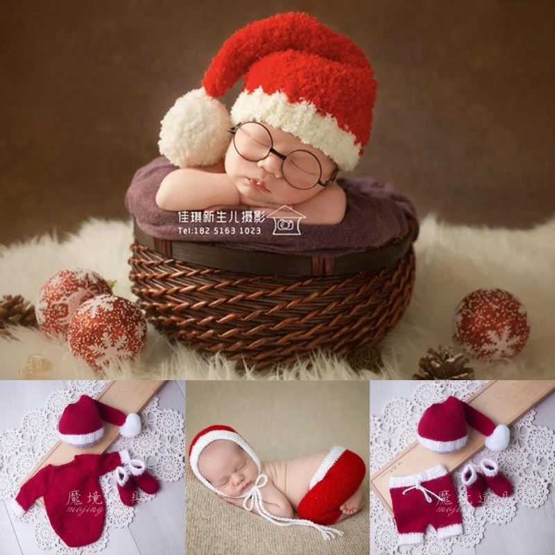 Dvotinst Newborn Baby Photography Props Red Christmas Knitted Outfit Set Hat Romper Pants Socks Santa Studio Shooting Photo Prop