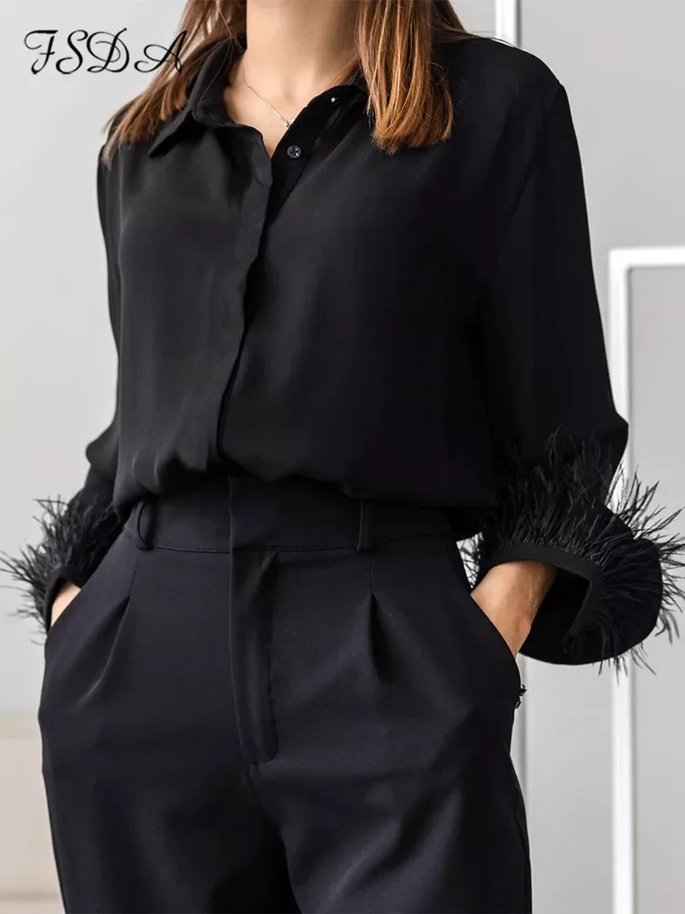 

FSDA 2022 Autumn Winter Black Feather Blouse Shirts Women Satin Long Sleeve Fashion Elegant Top Shirt Sexy Vintage Clothing