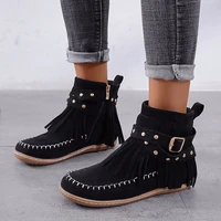 ladies tassel ankle boots stitching warm shoes casual plus size 2021 flat bottom round toe side zipper ankle boots