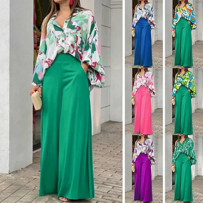 2022 New Fashion Spring Summer Suit For Women Bohemia Beach Seaside Suit Long-Sleeved Shirt  Wide Leg Pants Suit Y2K Floral Set