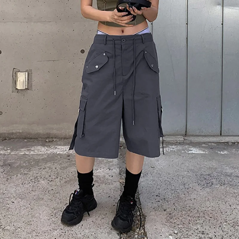 Goth Dark Grunge Y2k Streetwear Bermuda Shorts Vintage Gothic Casual Baggy Cargo Pants Women Fashion Low Raise Pocket Jorts 2023