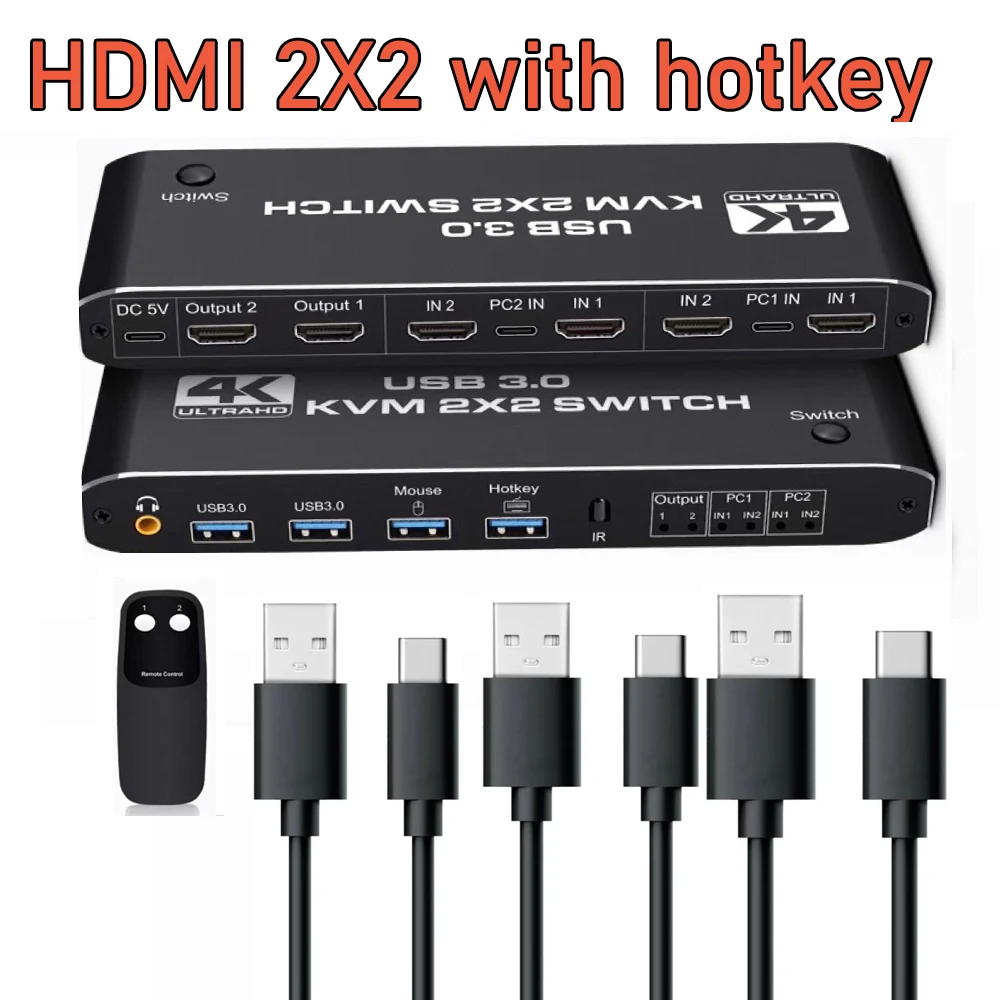 Фото KVM-переключатель 2 х2 HDMI 4K 60 Гц KVM с двойным монитором Расширенный дисплей USB в KVM-переключатель 2 х2 HDMI 4K 60 Гц KVM с двойным монитором Расширенный дисплей USB в