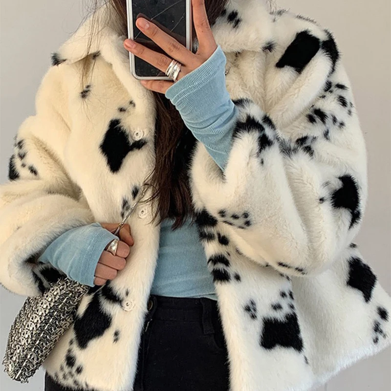 Lucyever Black White Cow Pattern Faux Mink Fur Coat Womens Elegant Winter Short Turn-down Collar Coats Korean Soft Tops Woman