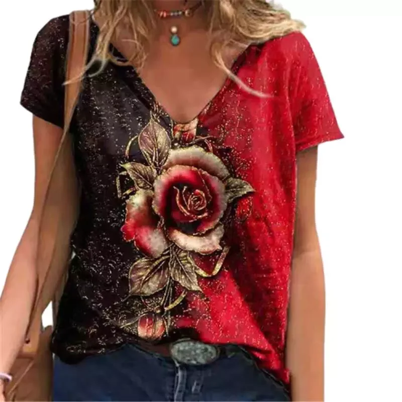 

2022NEW T-Shirts Lady Floral Print Short Sleeve Fashion Tee Large Size Loose Summer Tops Female High Street V-Neck T-Shirt 5XL T