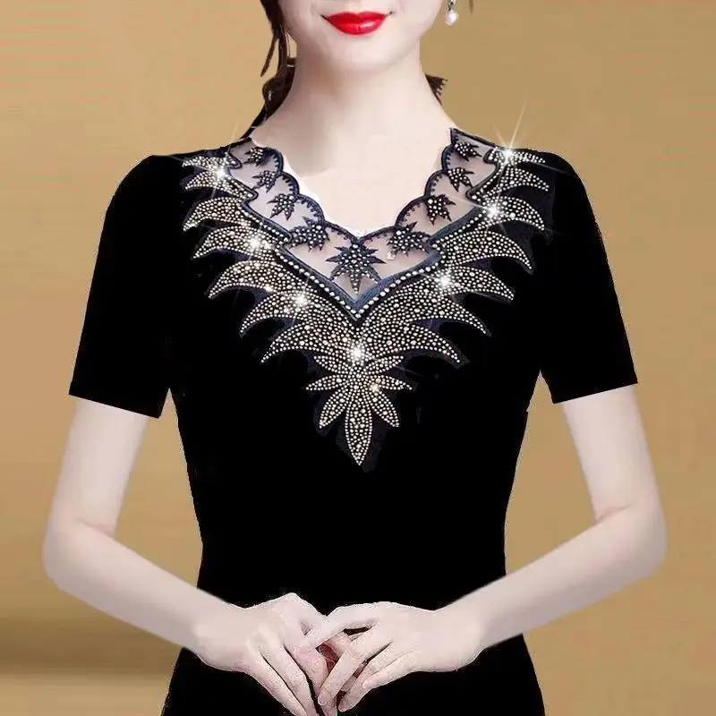 

Lace Diamonds Elegant Vintage Women Black T-shirt Korean New Fashion Summer Short Sleeve Sexy Basic Pullover Chic Casual Tops