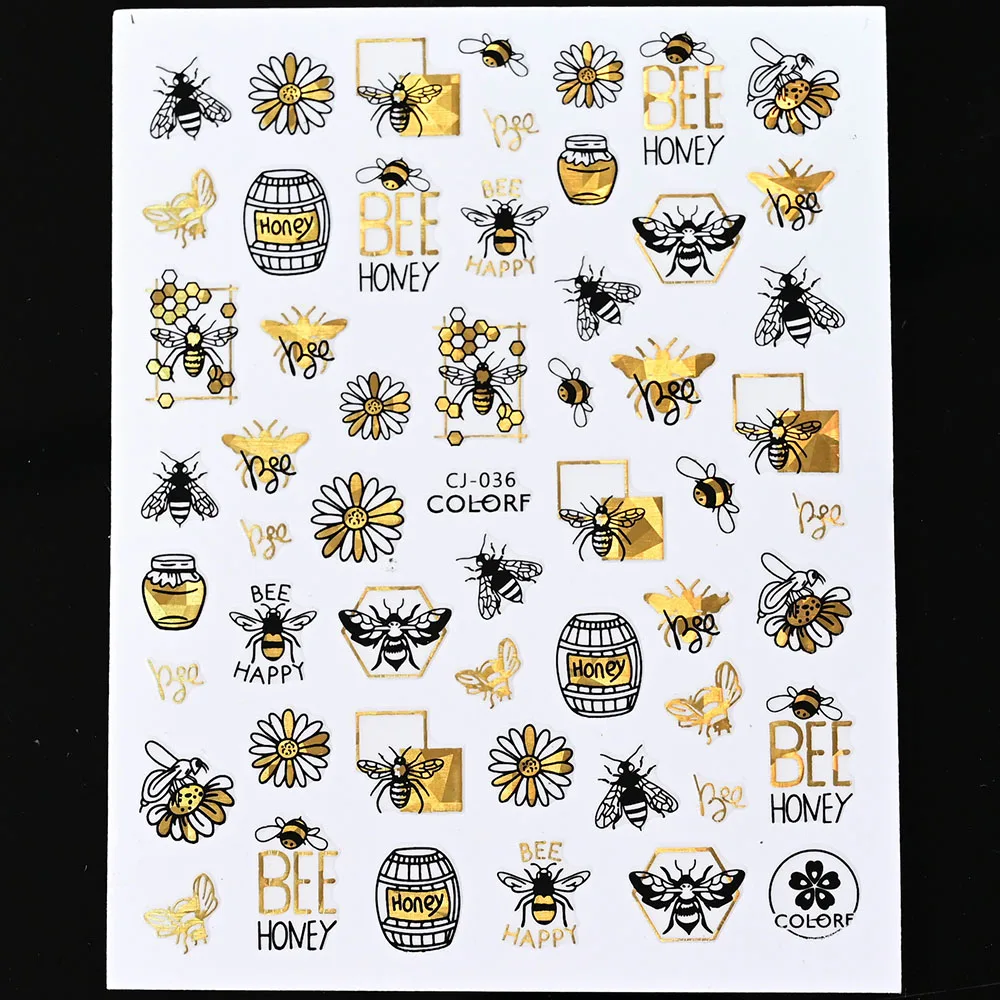 

9Pcs Bee Beauty Flowers Leaves Nail Art Stickers Decals Gold Black Design Adhesive Sliders 3D Decorations Nails Accessories N4-2
