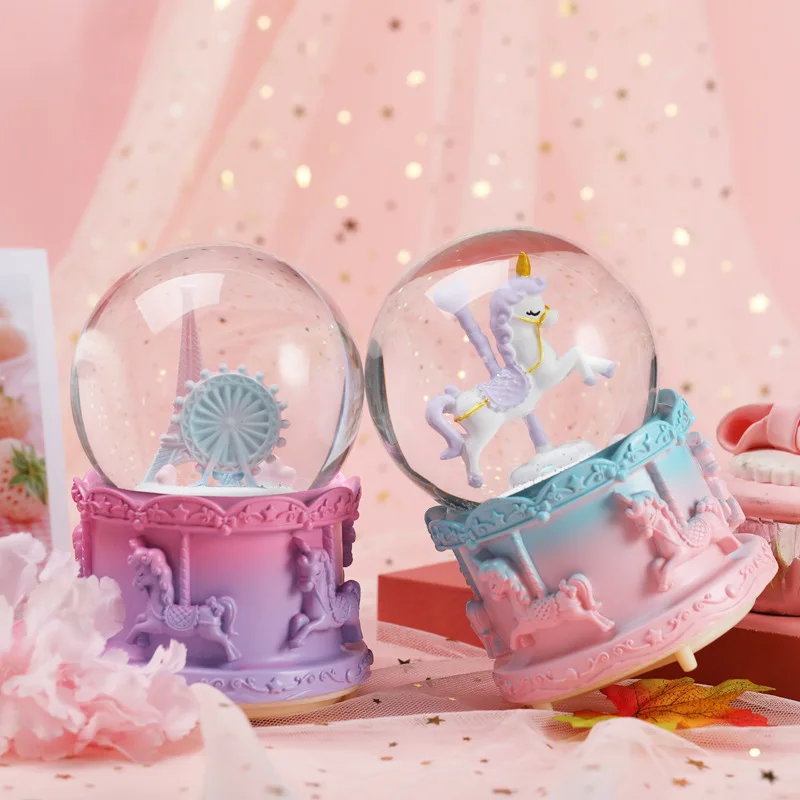 Creative Tower Carousel Resin Music Box Crystal Ball Snow Globe Glass Home Desktop Ornament Music Crafts with Snowflakes