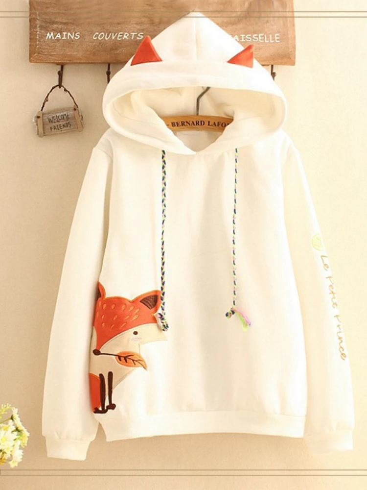 Autumn Cute Fox Embroidered Hooded Sweatshirt Women Clothing Pullovers Plus Velvet Patchwork Female Sweet Thick Warm Hoodies