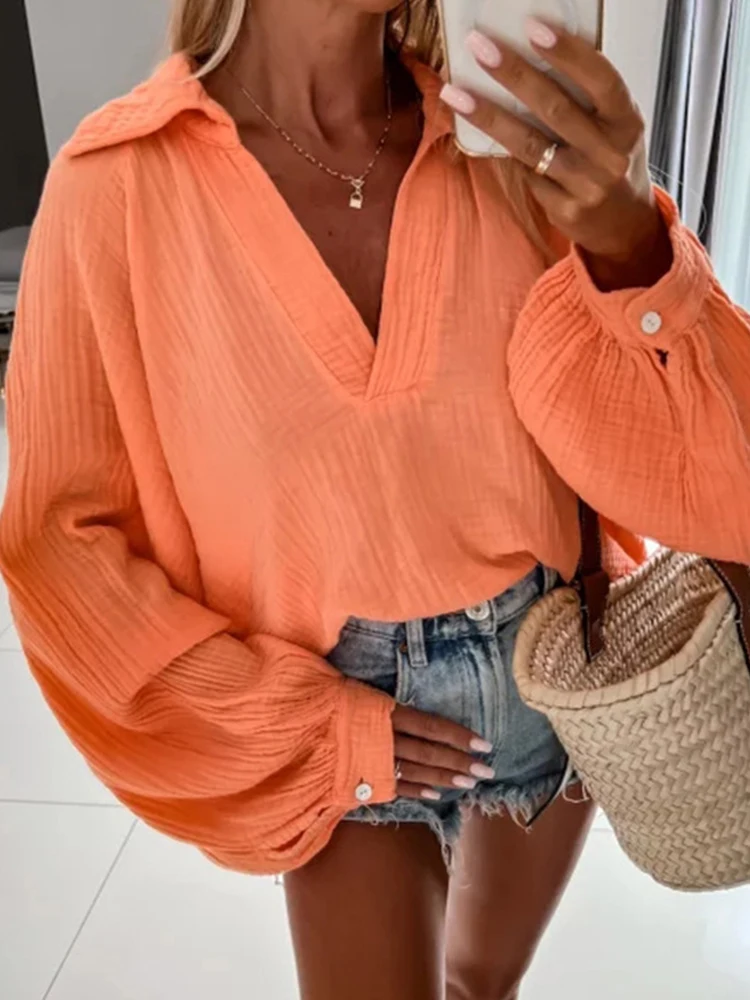 

Casual Lapel Long Sleeved Button Shirts 2022 Spring Cotton Linen Pleated Loose Tops Women Autumn Office Commuter Solid Pullover