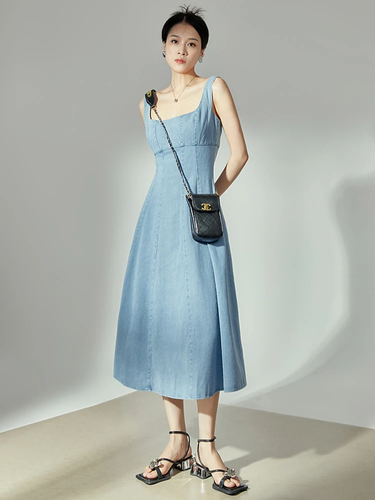 MOLAN 2023 New French Denim Dress Blue Square Neck Halter Long Skirt Senior Sense Of Temperament Waist A-Line Dress