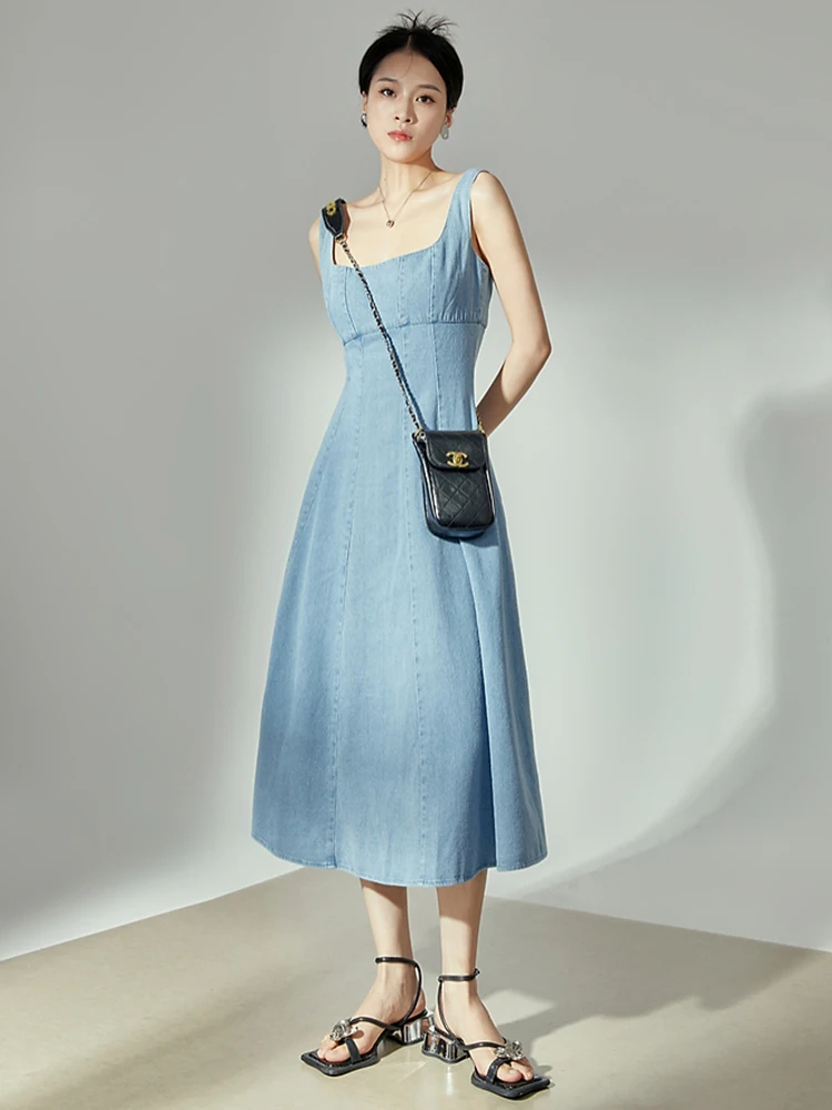 

MOLAN 2023 New French Denim Dress Blue Square Neck Halter Long Skirt Senior Sense Of Temperament Waist A-Line Dress