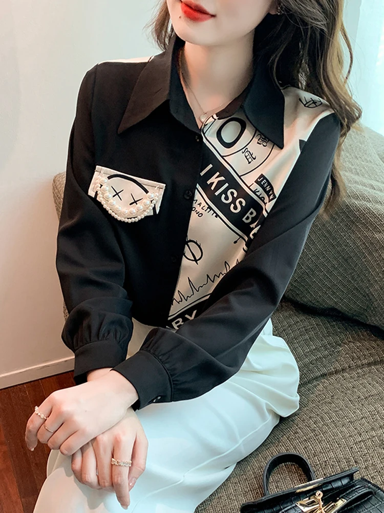 

Женская шифоновая блузка с длинными рукавами, черная офисная рубашка с украшением жемчужин и надписью, весна 2022