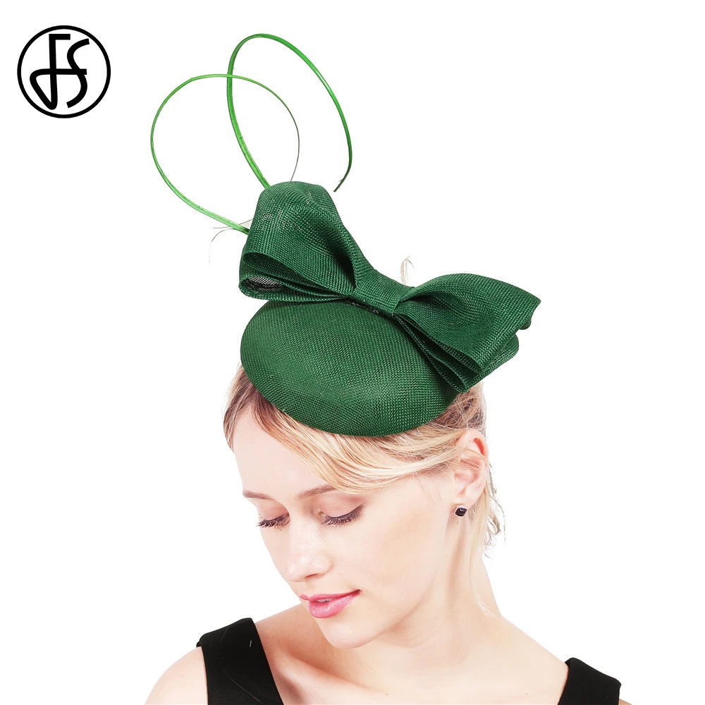 

FS Retro Green Top Hats For Women With Bowknot Wedding Ceremony Cap Ladies Fascinator Elegant Cocktail Church Party Pillbox Hat