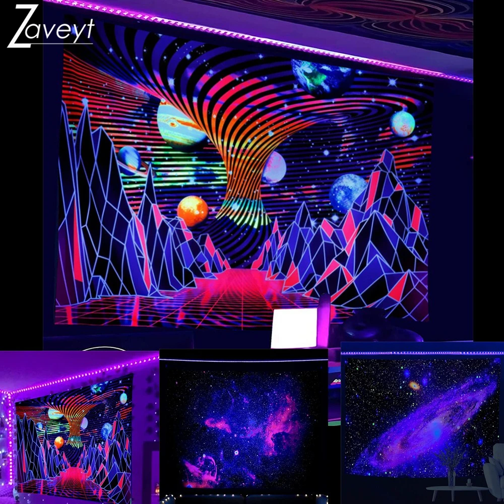 

Blacklight Tapestry UV Light Reactive Tapestry Mountain Universe Planet Tapestry Psychedelic Neon Tapestry Wall Hanging Bedroom