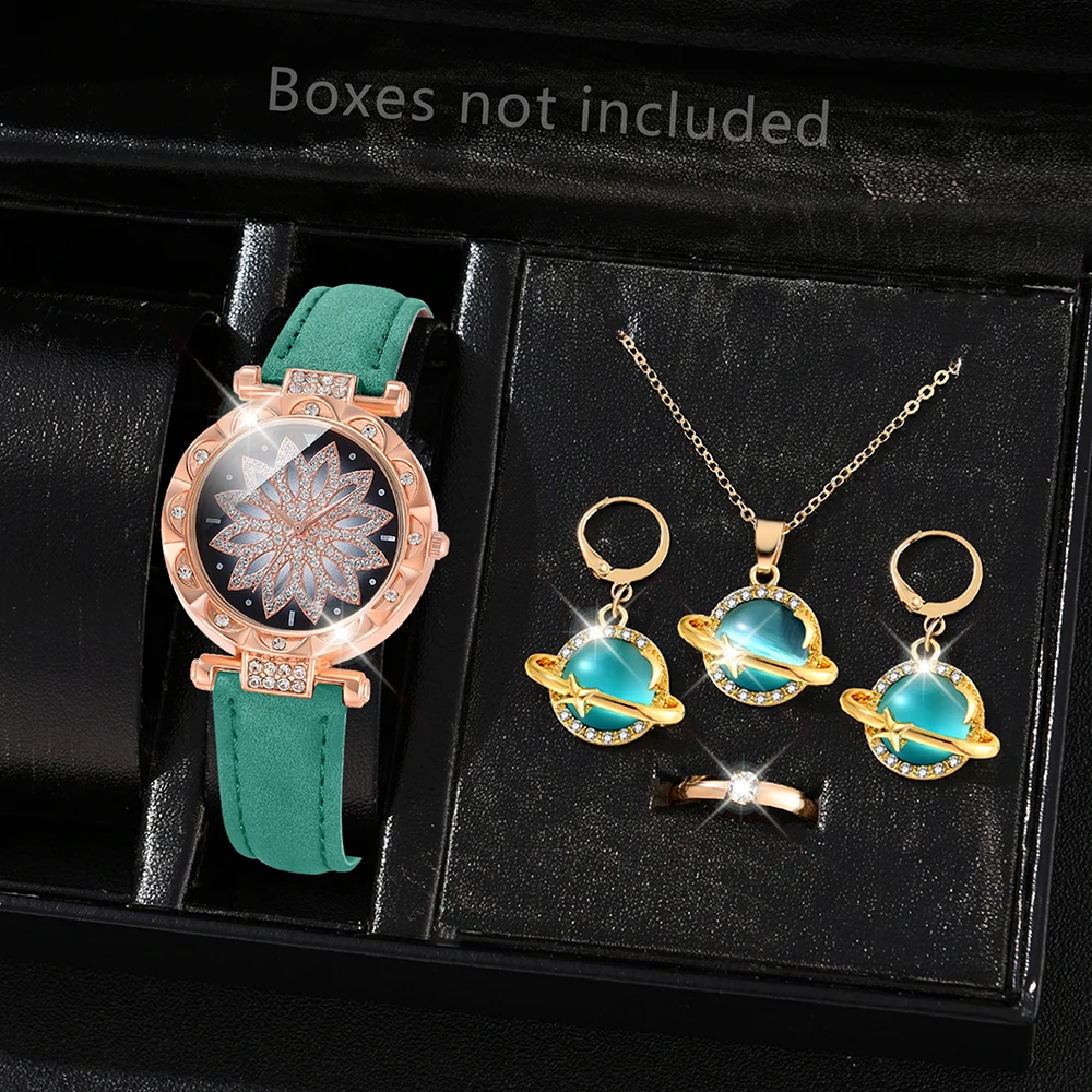 5 шт./комплект женские кварцевые часы с кожаным ремешком