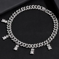 shiny silver color iced out cuban chain bear necklace for women hip hop bling rhinestones link chain necklace choker jewelry