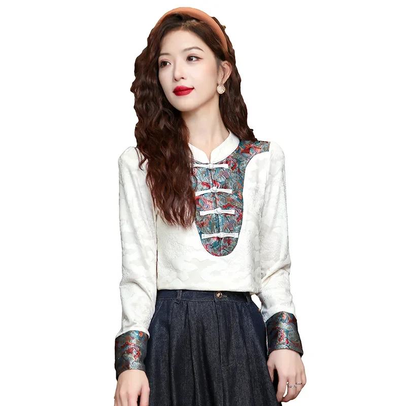 Vintage Stand Collar Women's Shirt New Chinese Style Lacquer Embroidery Jacquard Quilted Vest 2024 Spring Fashion