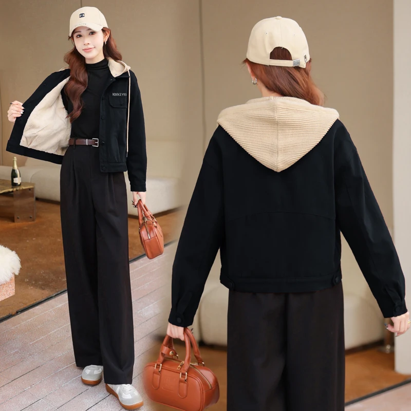 Fleece-lined Thick Baseball Uniform Outwear Women's Winter 2025 New Arrival Small Casual Short Denim Jacket Tops |