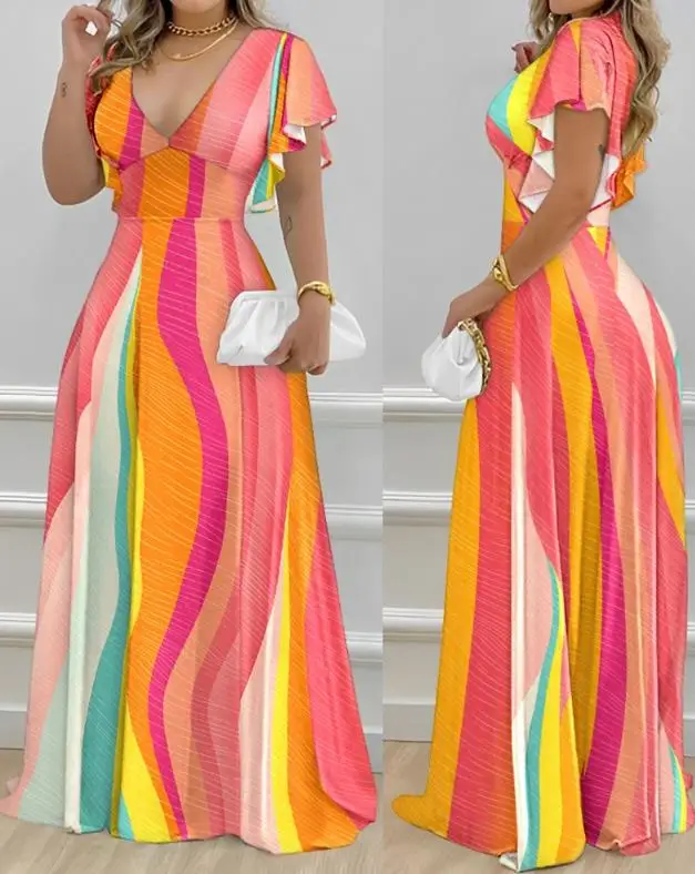 

Women's Long Dress Summer Vacation Casual Dress 2023 New Colorblock V-Neck Bell Sleeve Maxi Dress Large Swing Skirt