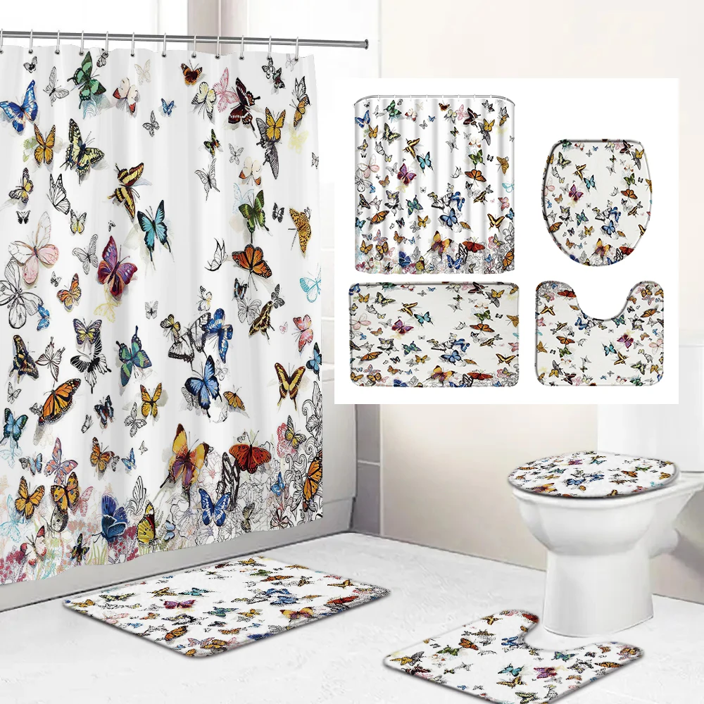 

Butterfly Bath Shower Curtain Polyester Waterproof Bathroom Curtain Carpet Rugs Set Non-slip Kitchen/Bath Mat Bathroom Products