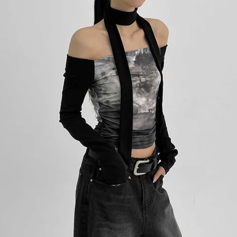 Neploe Print Slim Commuter Simple Korea Chic Top Женский корейский шикарный топ со вставками и разрезом на шее Y2K Футболка Шарф Harajuku 2000S Mujer