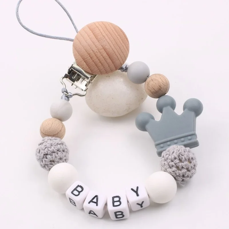 

Crown shape silicone pacifier chain with beech wooden chew beads dummy pacifier clip teether pacifier chains holder chain